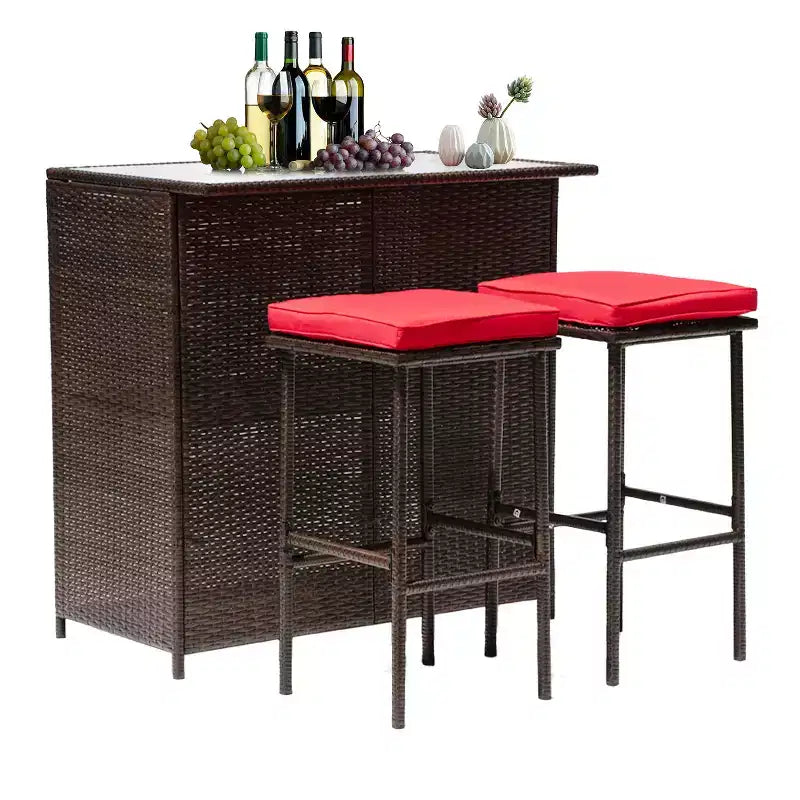 FDW Ensemble de bar 3 pièces Meubles de patio Cadre robuste Table haute de bar avec deux tabourets Plateau en verre et étagères de rangement Parfait pour balcon et piscine