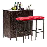 FDW Ensemble de bar 3 pièces Meubles de patio Cadre robuste Table haute de bar avec deux tabourets Plateau en verre et étagères de rangement Parfait pour balcon et piscine