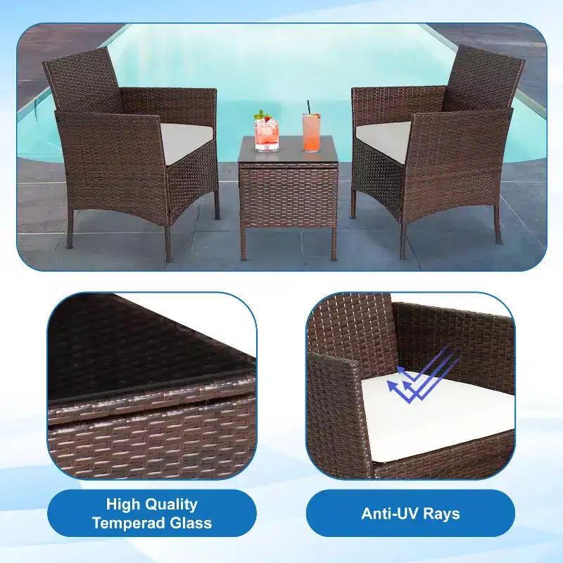 FDW Ensemble bistro de conversation d'extérieur 3 pièces en résine tressée - Ensemble de mobilier de patio en rotin avec coussins et table en verre trempé