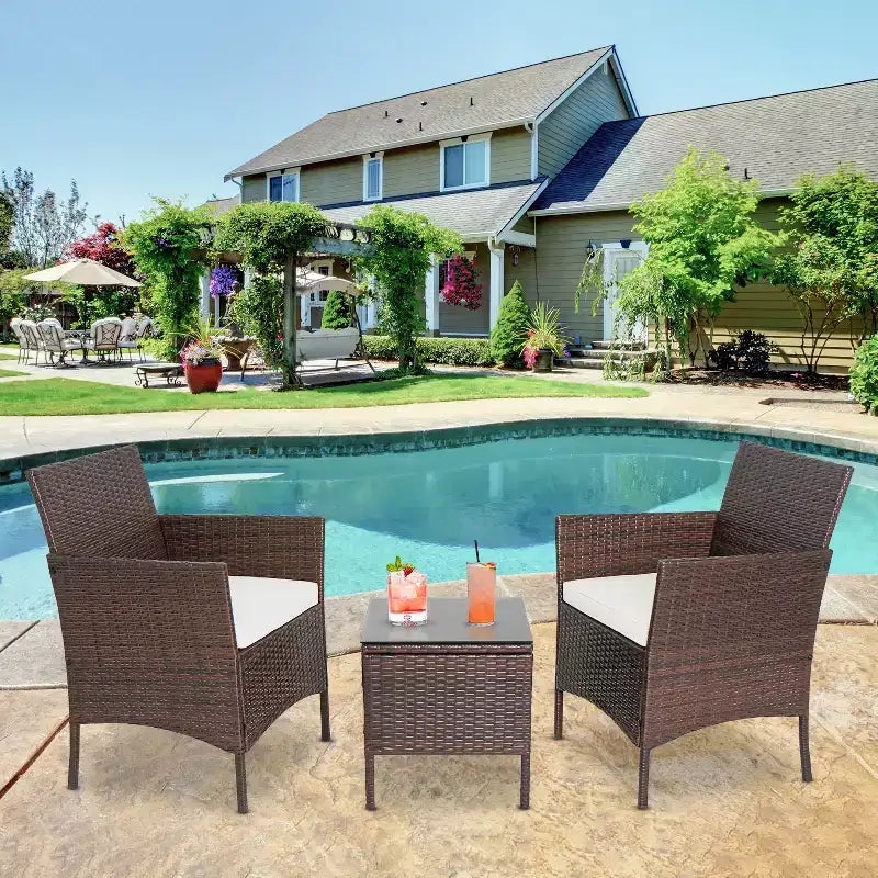 FDW Ensemble bistro de conversation d'extérieur 3 pièces en résine tressée - Ensemble de mobilier de patio en rotin avec coussins et table en verre trempé