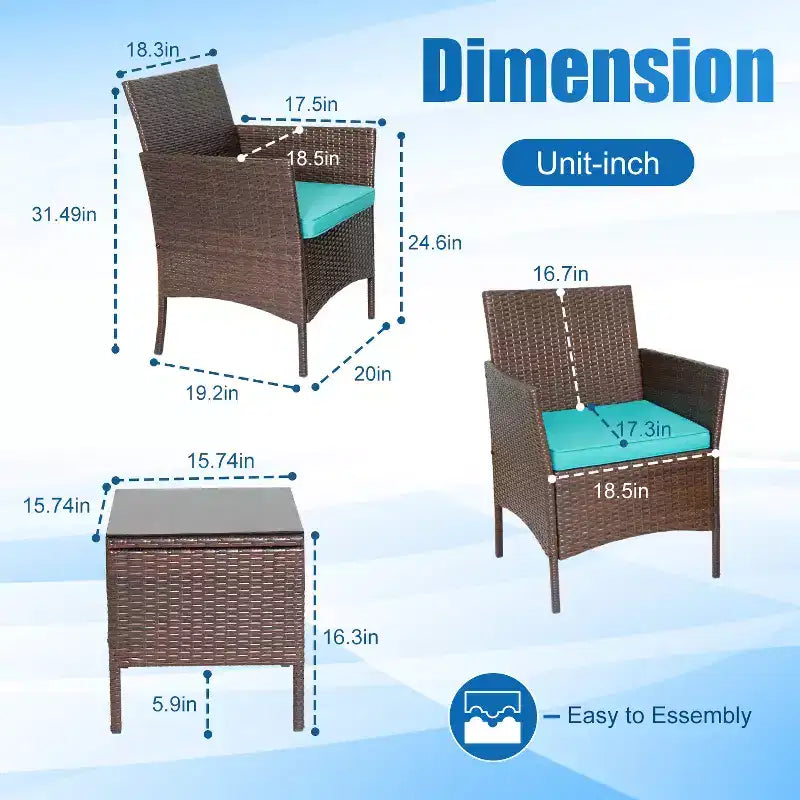 FDW Ensemble bistro de conversation d'extérieur 3 pièces en résine tressée - Ensemble de mobilier de patio en rotin avec coussins et table en verre trempé