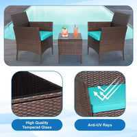 FDW Ensemble bistro de conversation d'extérieur 3 pièces en résine tressée - Ensemble de mobilier de patio en rotin avec coussins et table en verre trempé