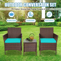 FDW Ensemble bistro de conversation d'extérieur 3 pièces en résine tressée - Ensemble de mobilier de patio en rotin avec coussins et table en verre trempé