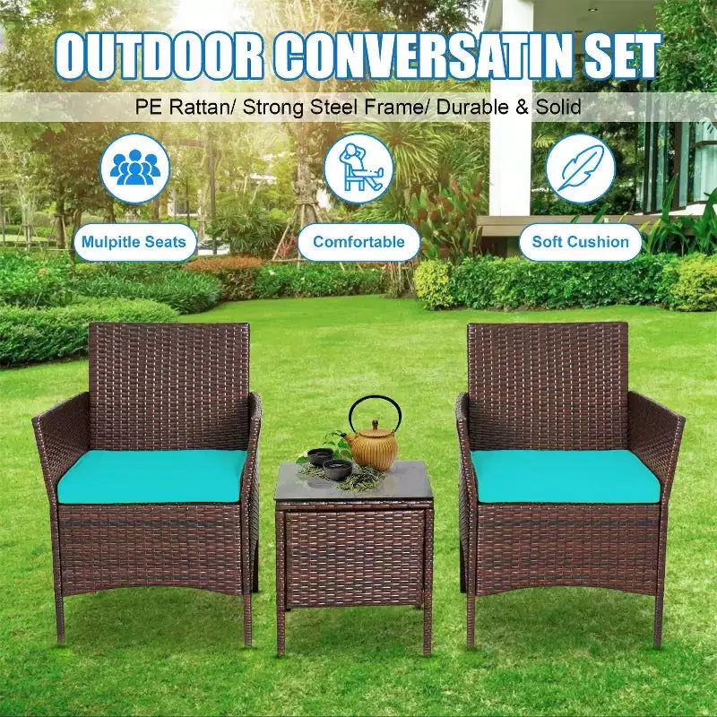 FDW Ensemble bistro de conversation d'extérieur 3 pièces en résine tressée - Ensemble de mobilier de patio en rotin avec coussins et table en verre trempé