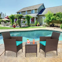 FDW Ensemble bistro de conversation d'extérieur 3 pièces en résine tressée - Ensemble de mobilier de patio en rotin avec coussins et table en verre trempé