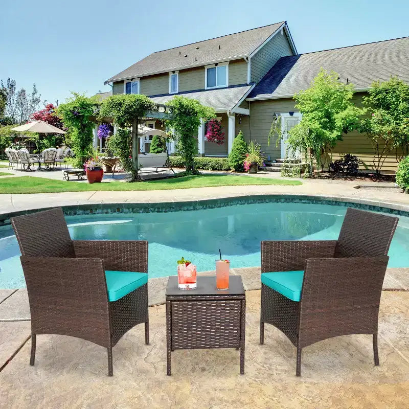 FDW Ensemble bistro de conversation d'extérieur 3 pièces en résine tressée - Ensemble de mobilier de patio en rotin avec coussins et table en verre trempé
