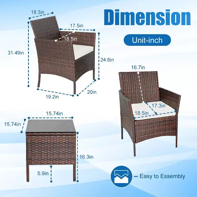 FDW Ensemble bistro de conversation d'extérieur 3 pièces en résine tressée - Ensemble de mobilier de patio en rotin avec coussins et table en verre trempé