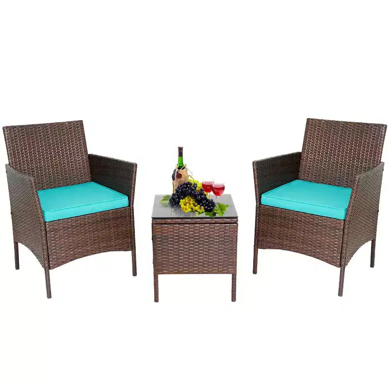 FDW 3-Piece Outdoor Wicker Conversation Bistro Set Rattan Wicker Patio Furniture Set with Cushions and Tempered Glass Table