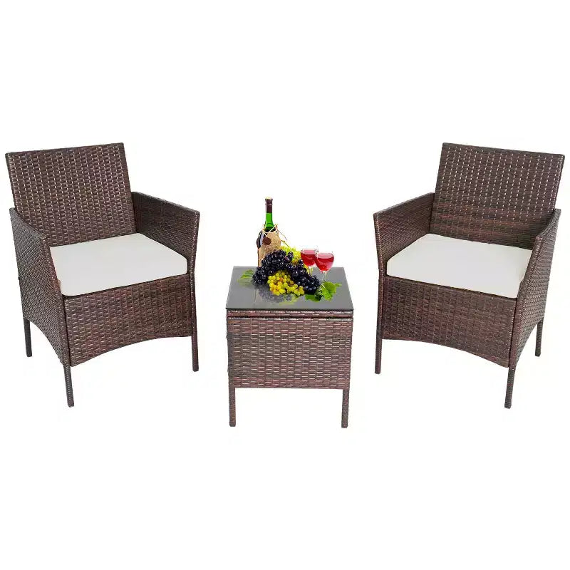 FDW Ensemble bistro de conversation d'extérieur 3 pièces en résine tressée - Ensemble de mobilier de patio en rotin avec coussins et table en verre trempé