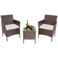 FDW Ensemble bistro de conversation d'extérieur 3 pièces en résine tressée - Ensemble de mobilier de patio en rotin avec coussins et table en verre trempé