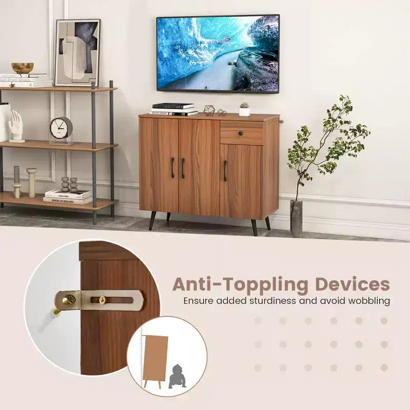 Buffet Costway avec 3 portes et tiroir coulissant, étagères réglables, kits anti-basculement