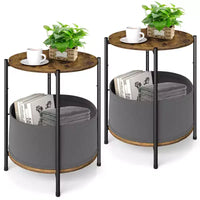 Lot de 2 tables d'appoint rondes industrielles avec paniers de rangement en tissu