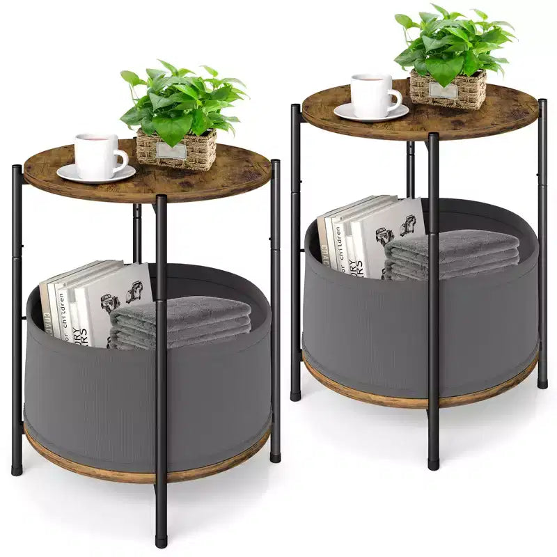 Lot de 2 tables d'appoint rondes industrielles avec paniers de rangement en tissu
