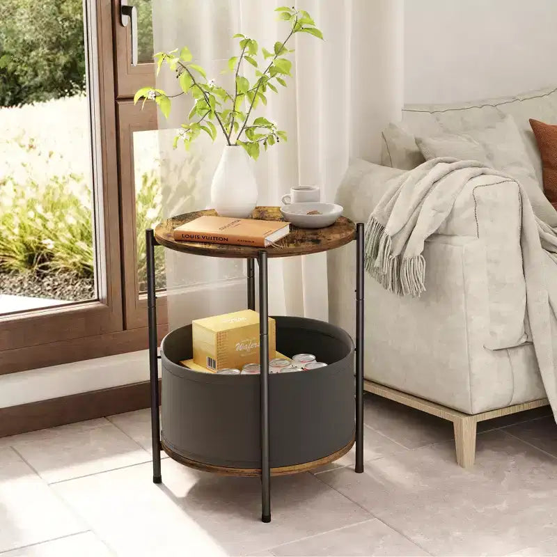 Lot de 2 tables d'appoint rondes industrielles avec paniers de rangement en tissu