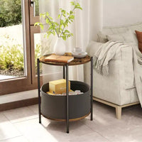 Lot de 2 tables d'appoint rondes industrielles avec paniers de rangement en tissu