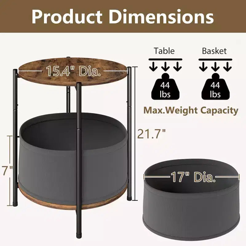 Lot de 2 tables d'appoint rondes industrielles avec paniers de rangement en tissu