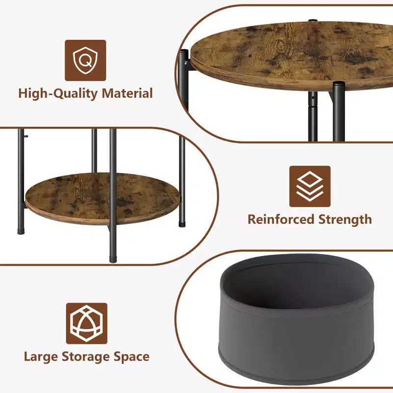 Lot de 2 tables d'appoint rondes industrielles avec paniers de rangement en tissu