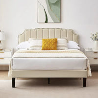 Cadre de lit plateforme rembourré Javlergo avec tête de lit réglable à hauteur garnie de clous, aucun sommier tapissier requis
