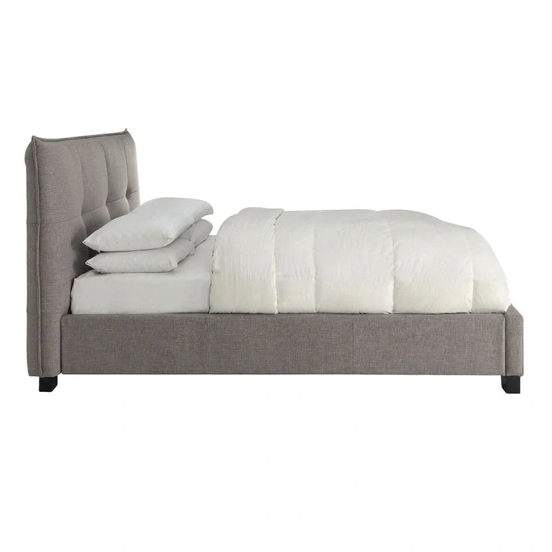 Lit King size profil bas Amy, Lin capitonné, Rangement large, Gris