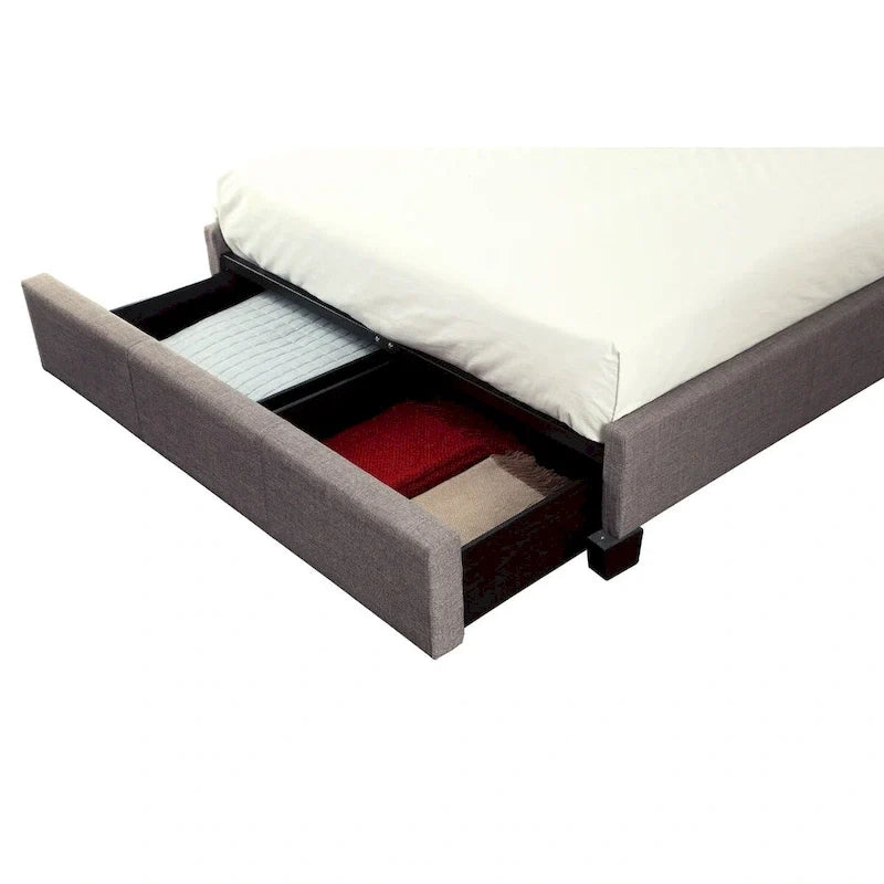 Lit King size profil bas Amy, Lin capitonné, Rangement large, Gris