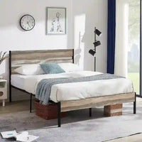 Cadre de lit en métal industriel avec tête de lit en bois, lit plateforme en métal double/complet/grand lit, sommier tapissier non nécessaire, ardoise