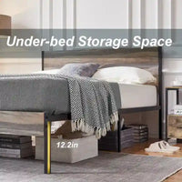 Cadre de lit en métal industriel avec tête de lit en bois, lit plateforme en métal double/complet/grand lit, sommier tapissier non nécessaire, ardoise