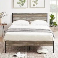Cadre de lit en métal industriel avec tête de lit en bois, lit plateforme en métal double/complet/grand lit, sommier tapissier non nécessaire, ardoise