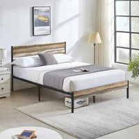 Cadre de lit en métal industriel avec tête de lit en bois, lit plateforme en métal double/complet/grand lit, sommier tapissier non nécessaire, ardoise