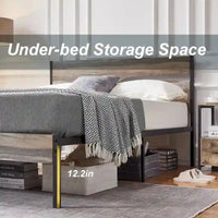 Cadre de lit en métal industriel avec tête de lit en bois, lit plateforme en métal double/complet/grand lit, sommier tapissier non nécessaire, ardoise