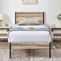 Cadre de lit en métal industriel avec tête de lit en bois, lit plateforme en métal double/complet/grand lit, sommier tapissier non nécessaire, ardoise