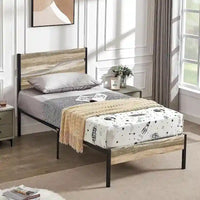 Cadre de lit en métal industriel avec tête de lit en bois, lit plateforme en métal double/complet/grand lit, sommier tapissier non nécessaire, ardoise