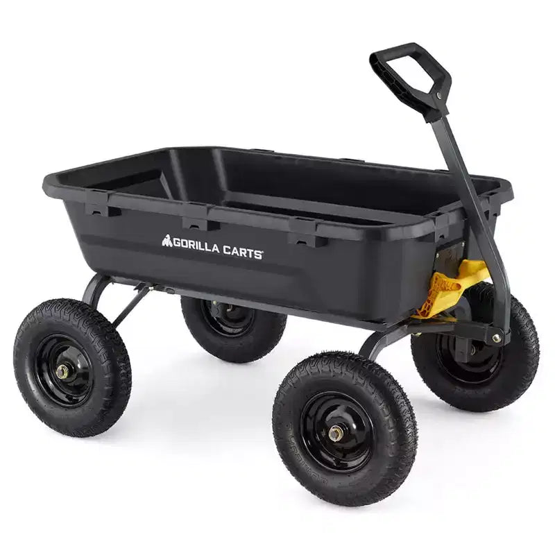 Gorilla Carts Chariot à benne robuste en poly pour jardin, cuve 12 pi³, capacite de charge 1600 lb, chariot utilitaire noir avec dechargement à liberation rapide et pneus pneumatiques