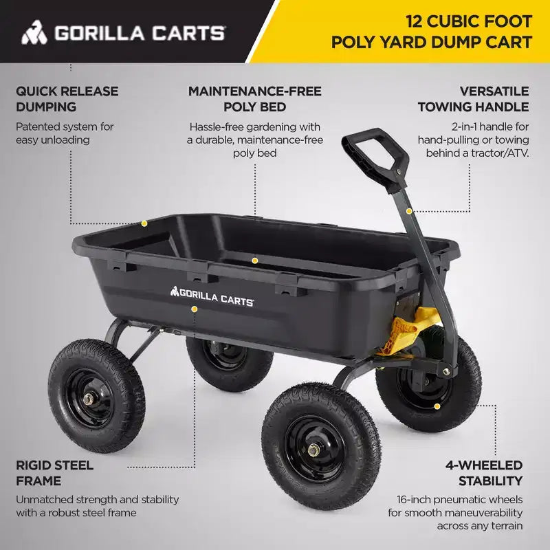 Gorilla Carts Chariot à benne robuste en poly pour jardin, cuve 12 pi³, capacite de charge 1600 lb, chariot utilitaire noir avec dechargement à liberation rapide et pneus pneumatiques