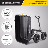 Gorilla Carts Chariot à benne robuste en poly pour jardin, cuve 12 pi³, capacite de charge 1600 lb, chariot utilitaire noir avec dechargement à liberation rapide et pneus pneumatiques