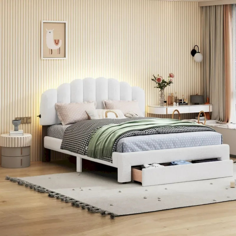 Lit plateforme capitonné Queen Size en polaire Teddy avec tiroir