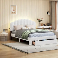 Lit plateforme capitonné Queen Size en polaire Teddy avec tiroir