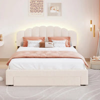 Lit plateforme capitonné Queen Size en polaire Teddy avec tiroir