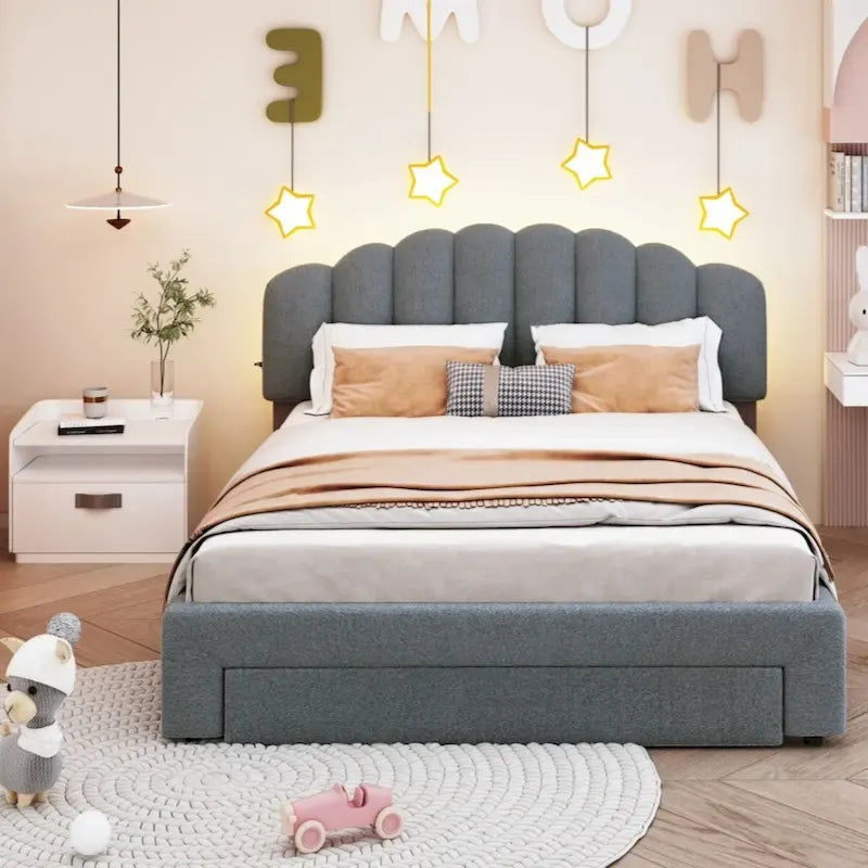 Lit plateforme capitonné Queen Size en polaire Teddy avec tiroir
