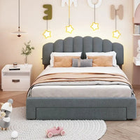 Lit plateforme capitonné Queen Size en polaire Teddy avec tiroir