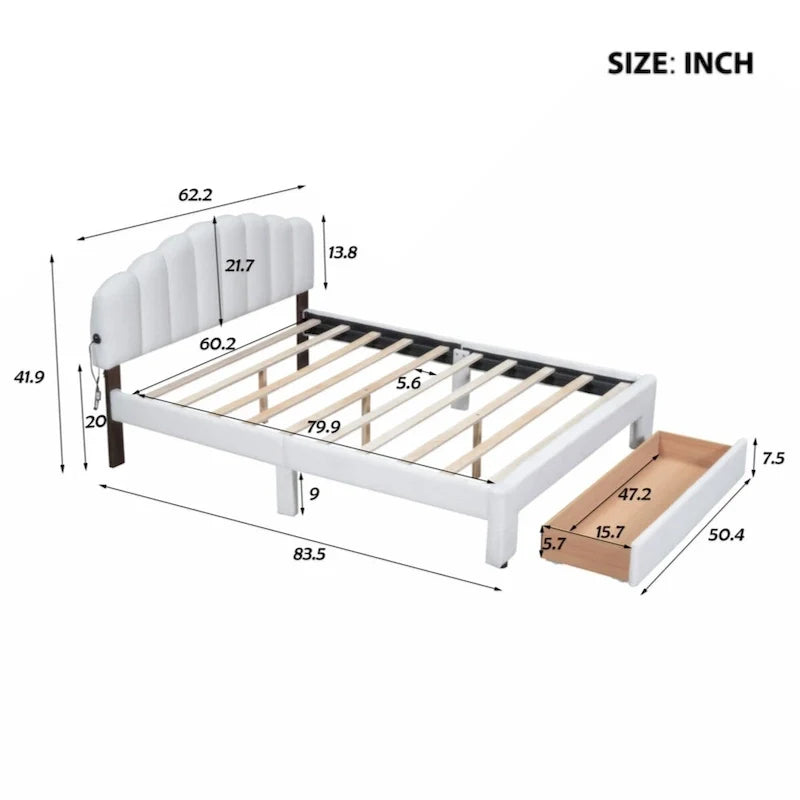 Lit plateforme capitonné Queen Size en polaire Teddy avec tiroir