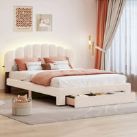 Lit plateforme capitonné Queen Size en polaire Teddy avec tiroir