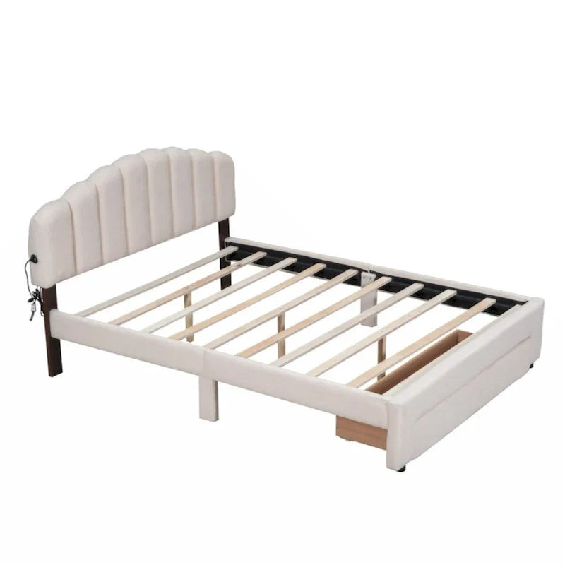 Lit plateforme capitonné Queen Size en polaire Teddy avec tiroir