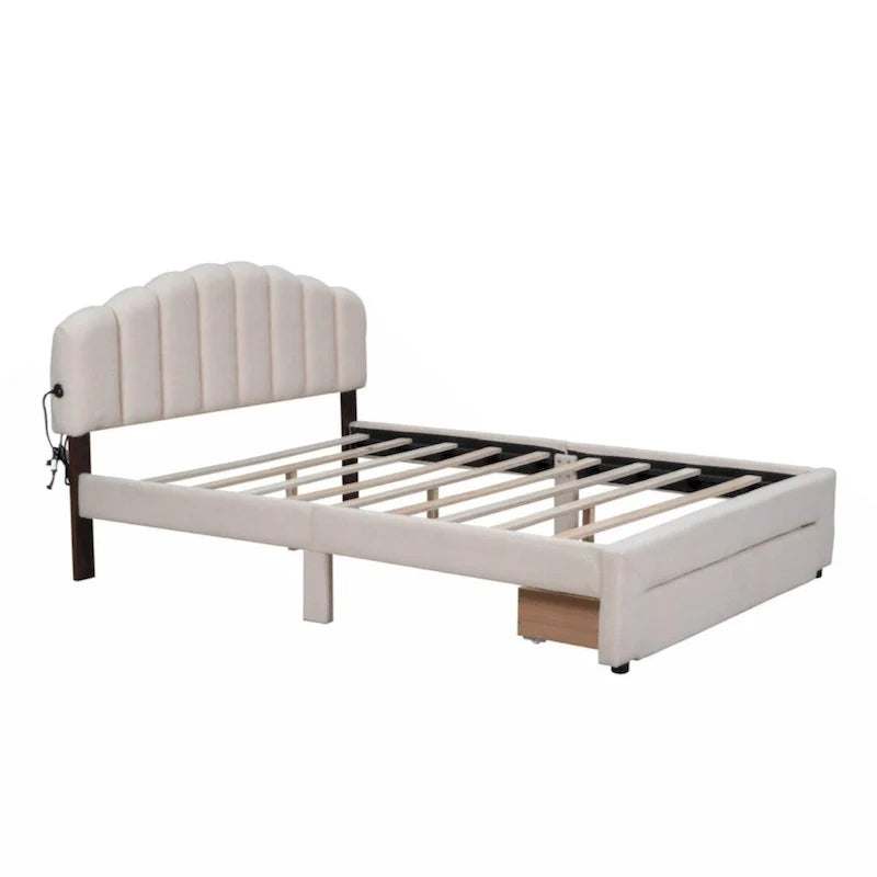 Lit plateforme capitonné Queen Size en polaire Teddy avec tiroir