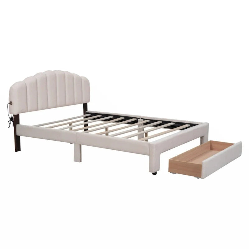 Lit plateforme capitonné Queen Size en polaire Teddy avec tiroir