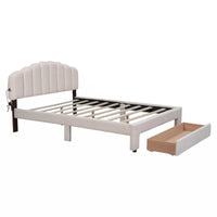 Lit plateforme capitonné Queen Size en polaire Teddy avec tiroir