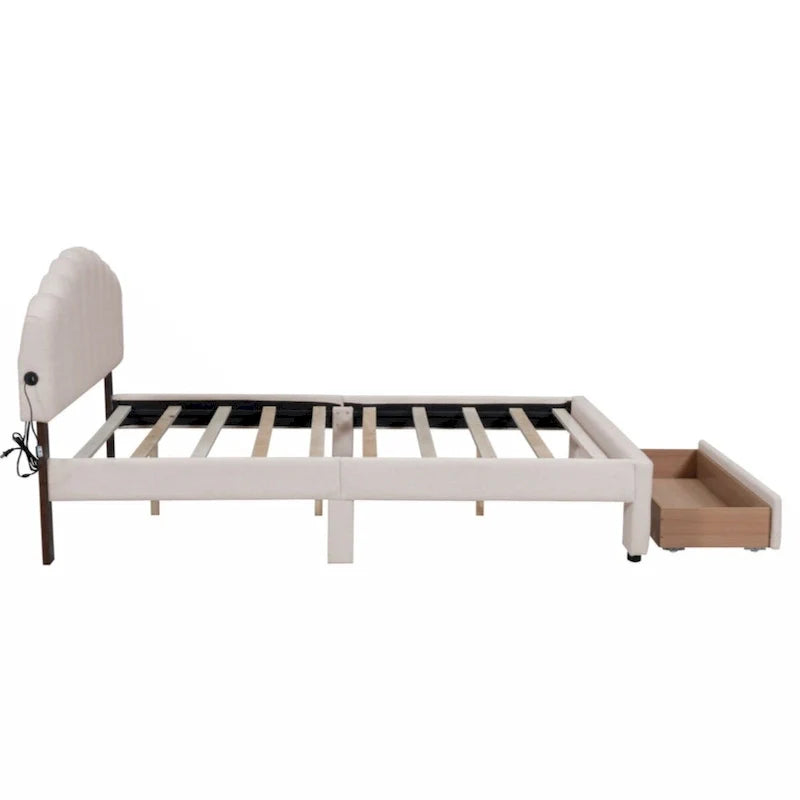 Lit plateforme capitonné Queen Size en polaire Teddy avec tiroir