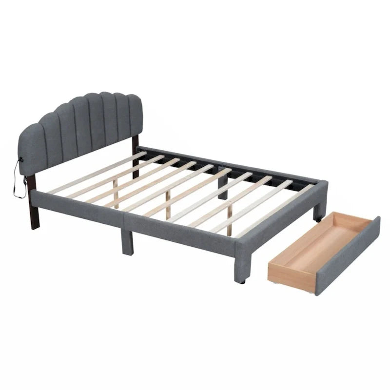Lit plateforme capitonné Queen Size en polaire Teddy avec tiroir