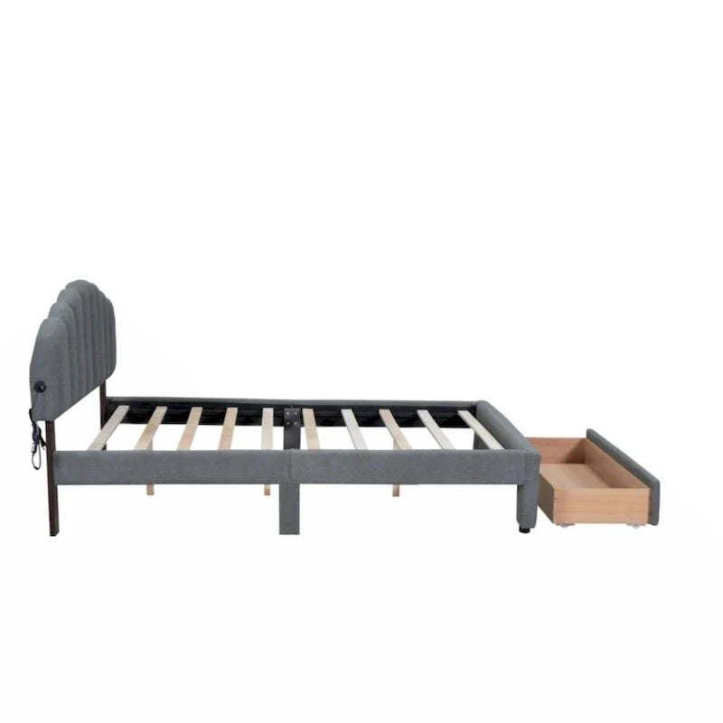 Lit plateforme capitonné Queen Size en polaire Teddy avec tiroir