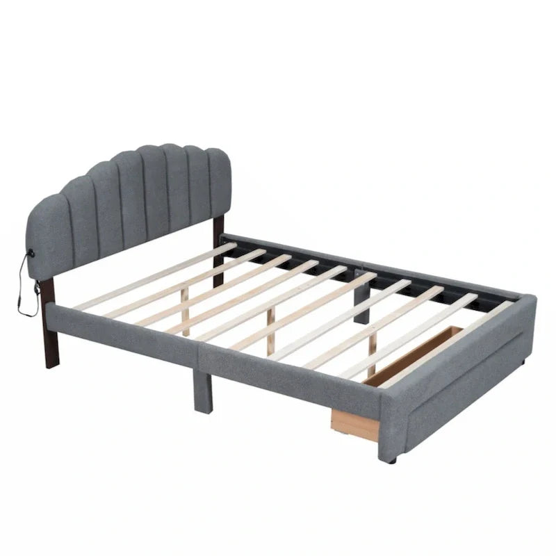 Lit plateforme capitonné Queen Size en polaire Teddy avec tiroir