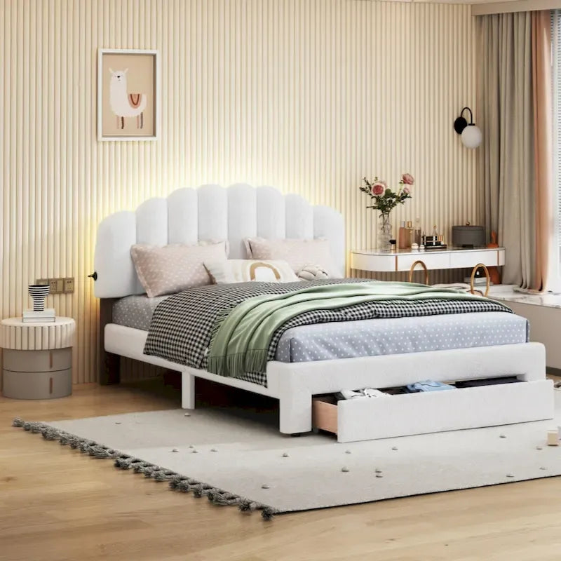 Lit plateforme capitonné Queen Size en polaire Teddy avec tiroir